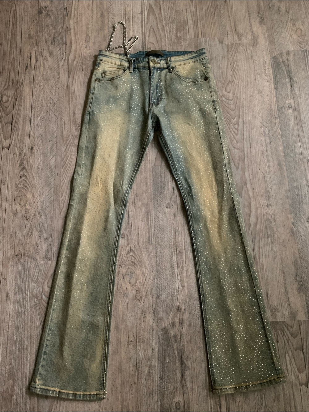 Men's Skinny Washed Green Jeans with Studded Detail
